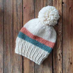 Double Stripe Vintage Vibe Knit Toque with Giant Yarn Pom